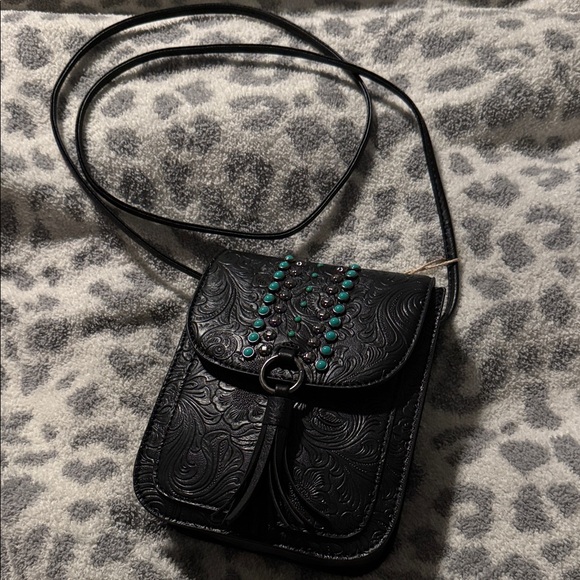 Handbags - Black Embossed Crossbody Bag Southwest Western Boho Style with Turquoise Accents